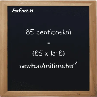 Cara konversi centipaskal ke newton/milimeter<sup>2</sup> (cPa ke N/mm<sup>2</sup>): 85 centipaskal (cPa) setara dengan 85 dikalikan dengan 1e-8 newton/milimeter<sup>2</sup> (N/mm<sup>2</sup>)